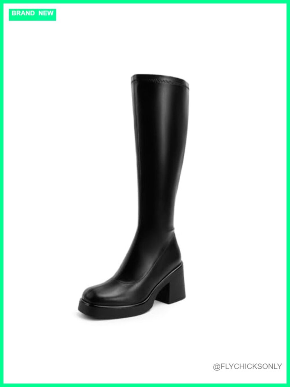 Faux Leather Knee High Platform Boots Square Toe Chunky Heel Side Zip